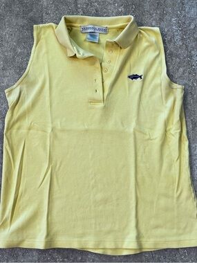 Menemsha Blues Yellow Sleeveless Women’s Polo with Navy Fish Logo